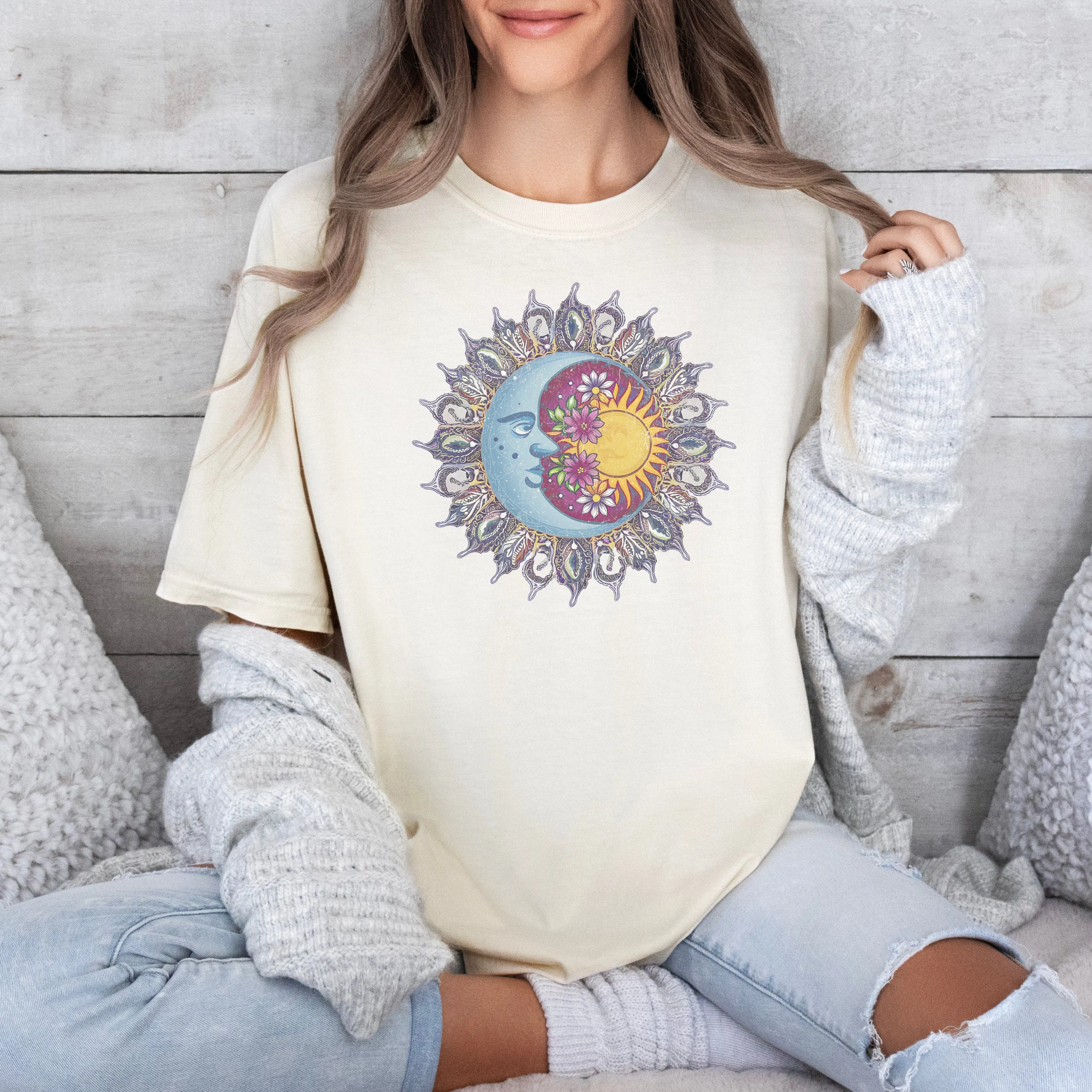 Boho Sun and Moon T-Shirt, Celestial Bodies with Flowers, Unisex Graphic Tee, Artsy Nature Inspired Shirt, Spiritual Sweatshirt