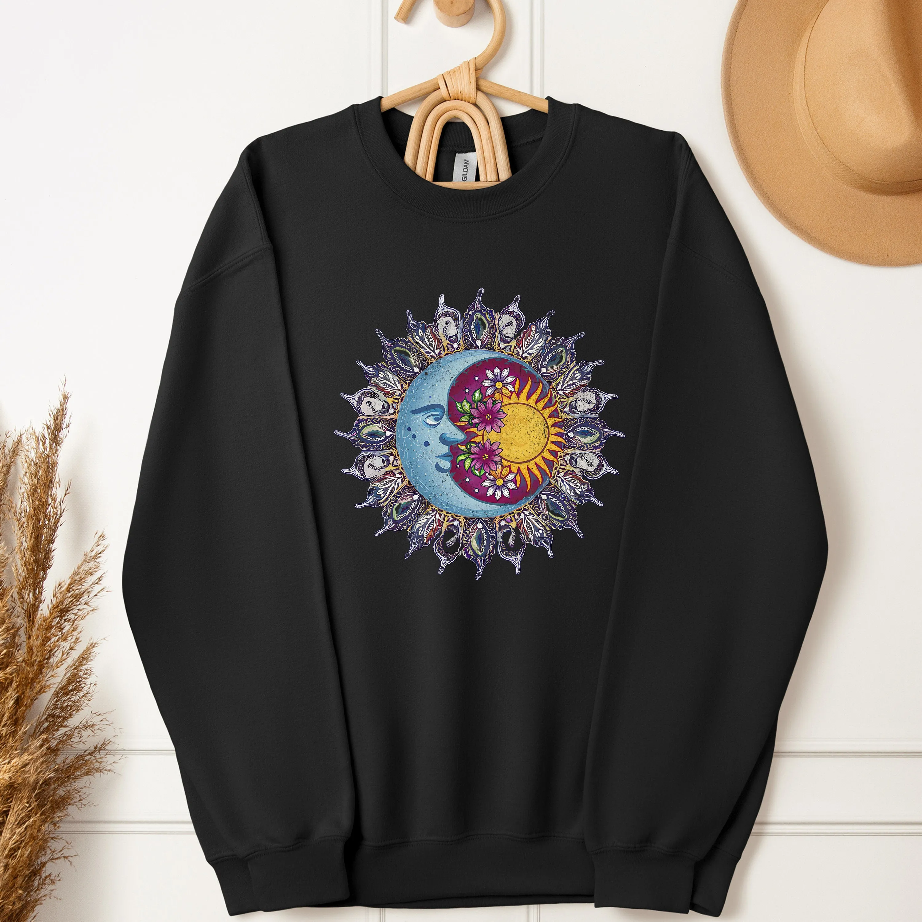 Boho Sun and Moon T-Shirt, Celestial Bodies with Flowers, Unisex Graphic Tee, Artsy Nature Inspired Shirt, Spiritual Sweatshirt