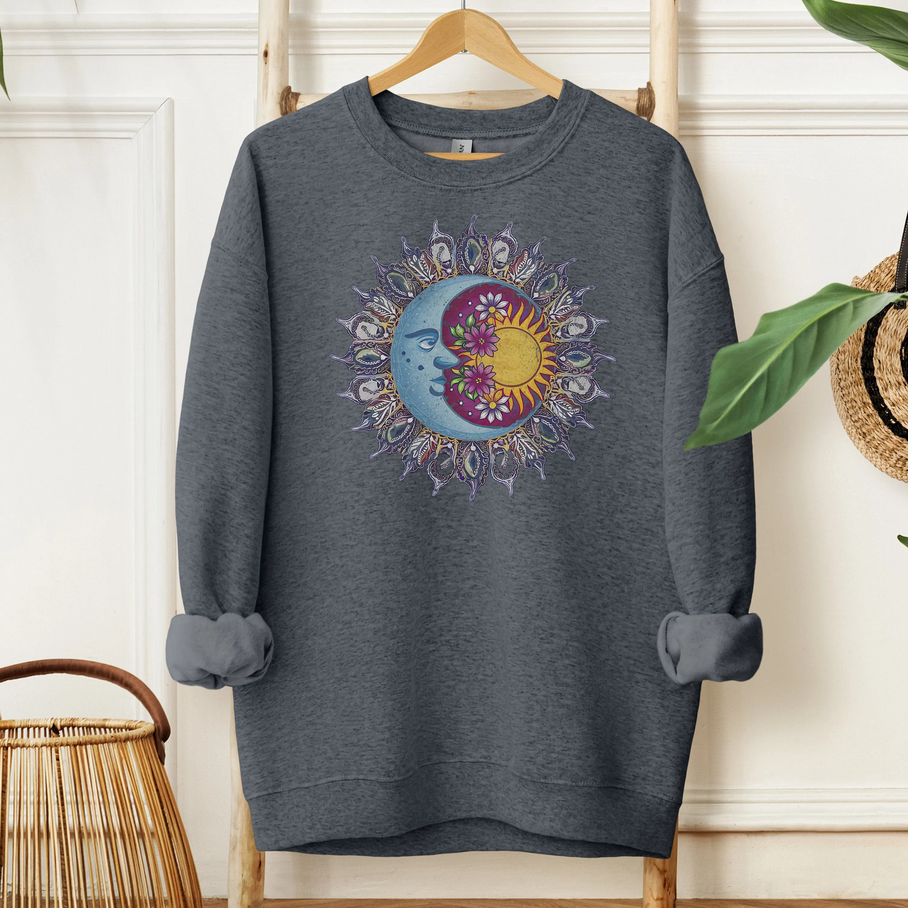 Boho Sun and Moon T-Shirt, Celestial Bodies with Flowers, Unisex Graphic Tee, Artsy Nature Inspired Shirt, Spiritual Sweatshirt