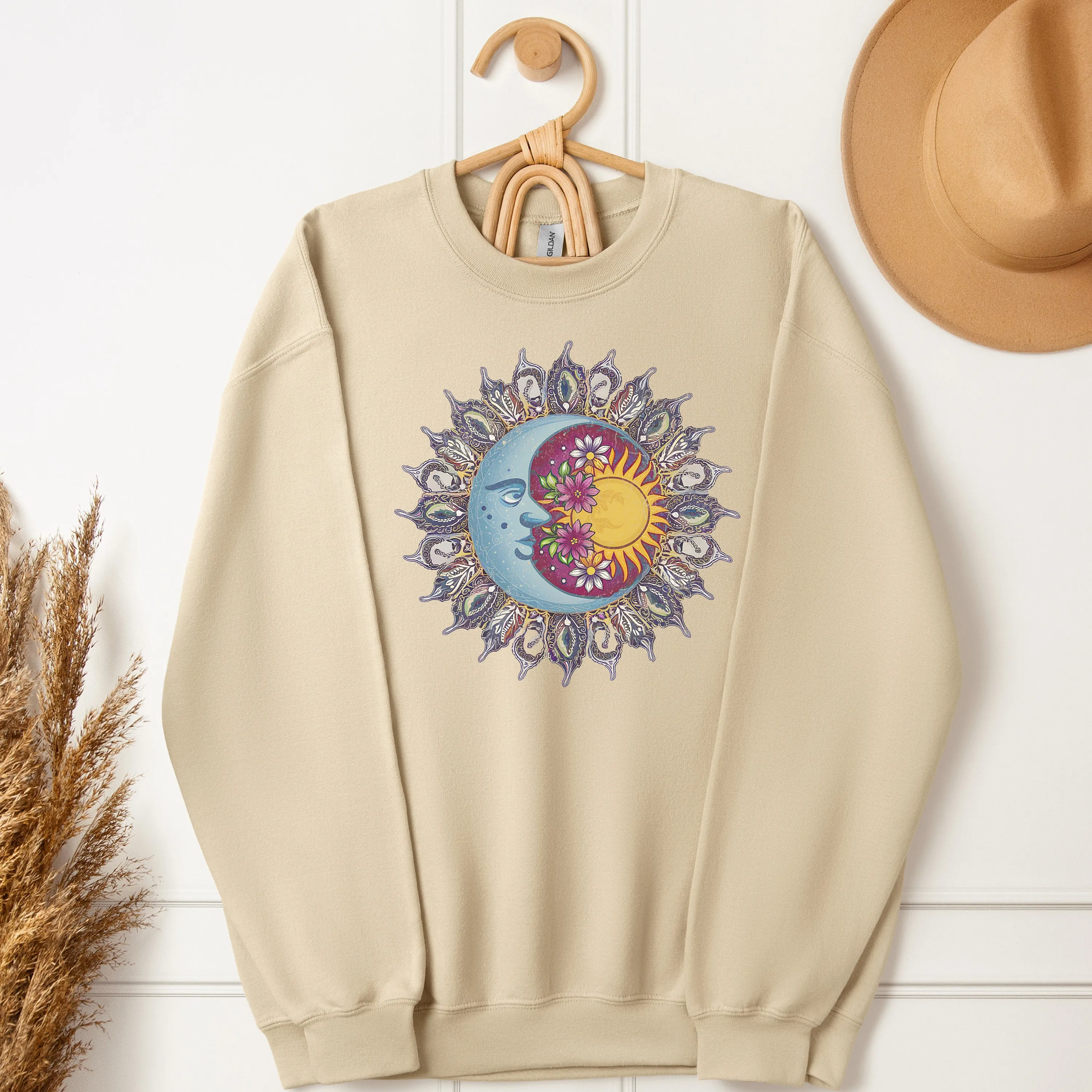 Boho Sun and Moon T-Shirt, Celestial Bodies with Flowers, Unisex Graphic Tee, Artsy Nature Inspired Shirt, Spiritual Sweatshirt