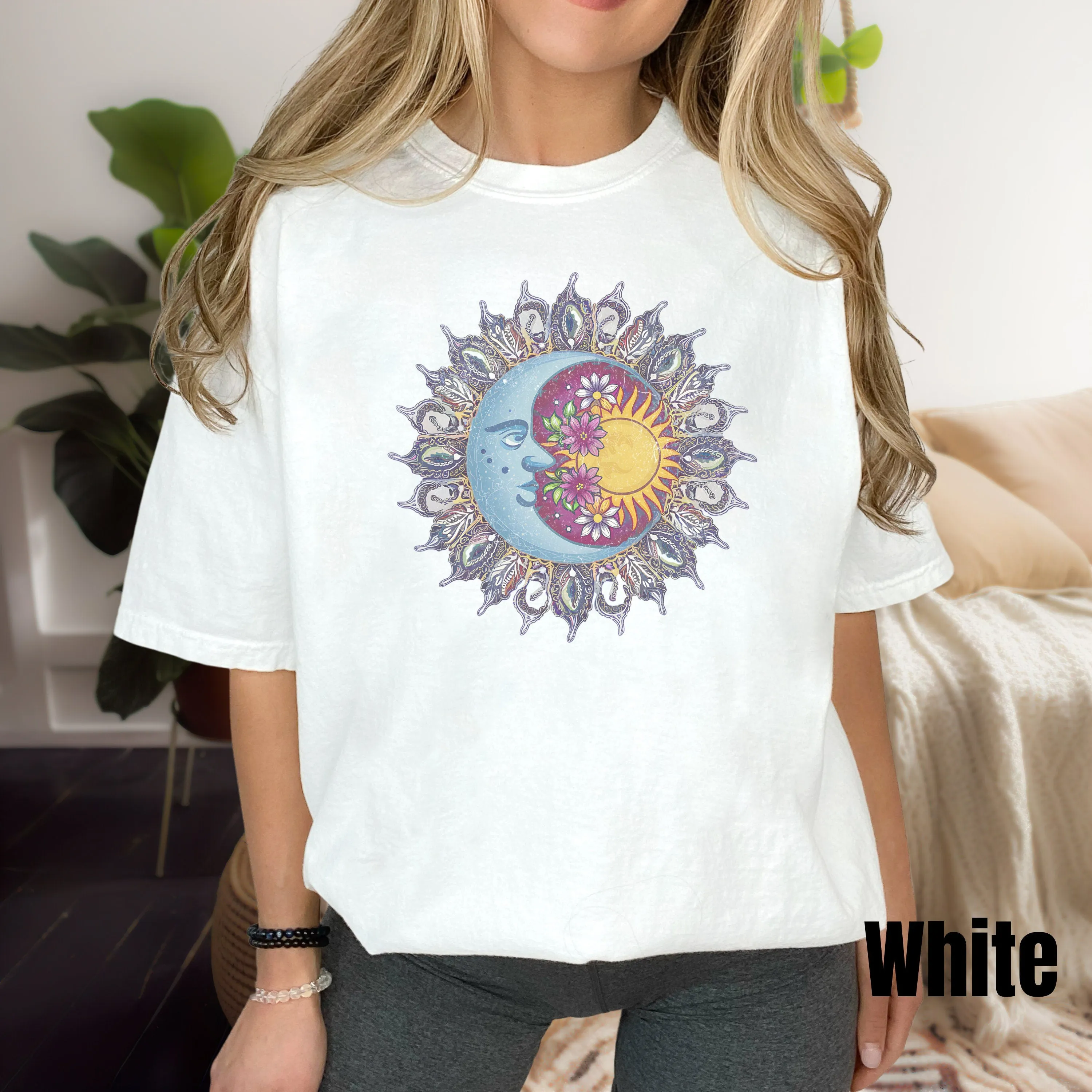 Boho Sun and Moon T-Shirt, Celestial Bodies with Flowers, Unisex Graphic Tee, Artsy Nature Inspired Shirt, Spiritual Sweatshirt