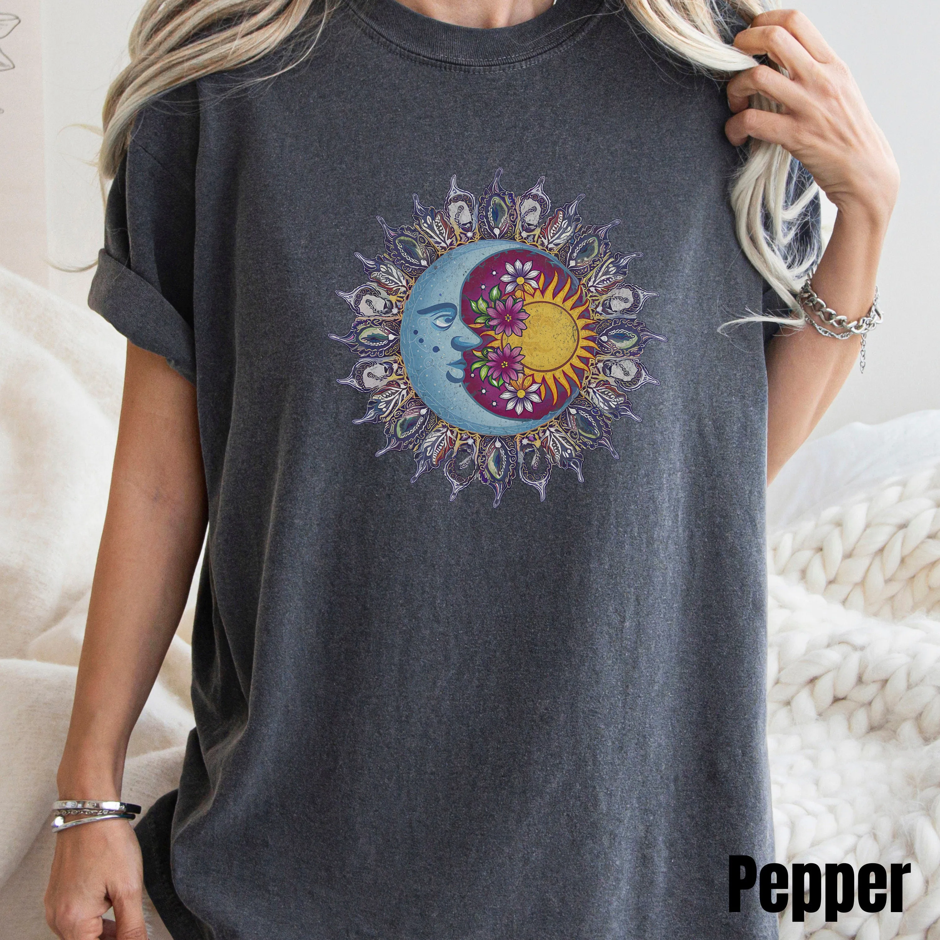 Boho Sun and Moon T-Shirt, Celestial Bodies with Flowers, Unisex Graphic Tee, Artsy Nature Inspired Shirt, Spiritual Sweatshirt