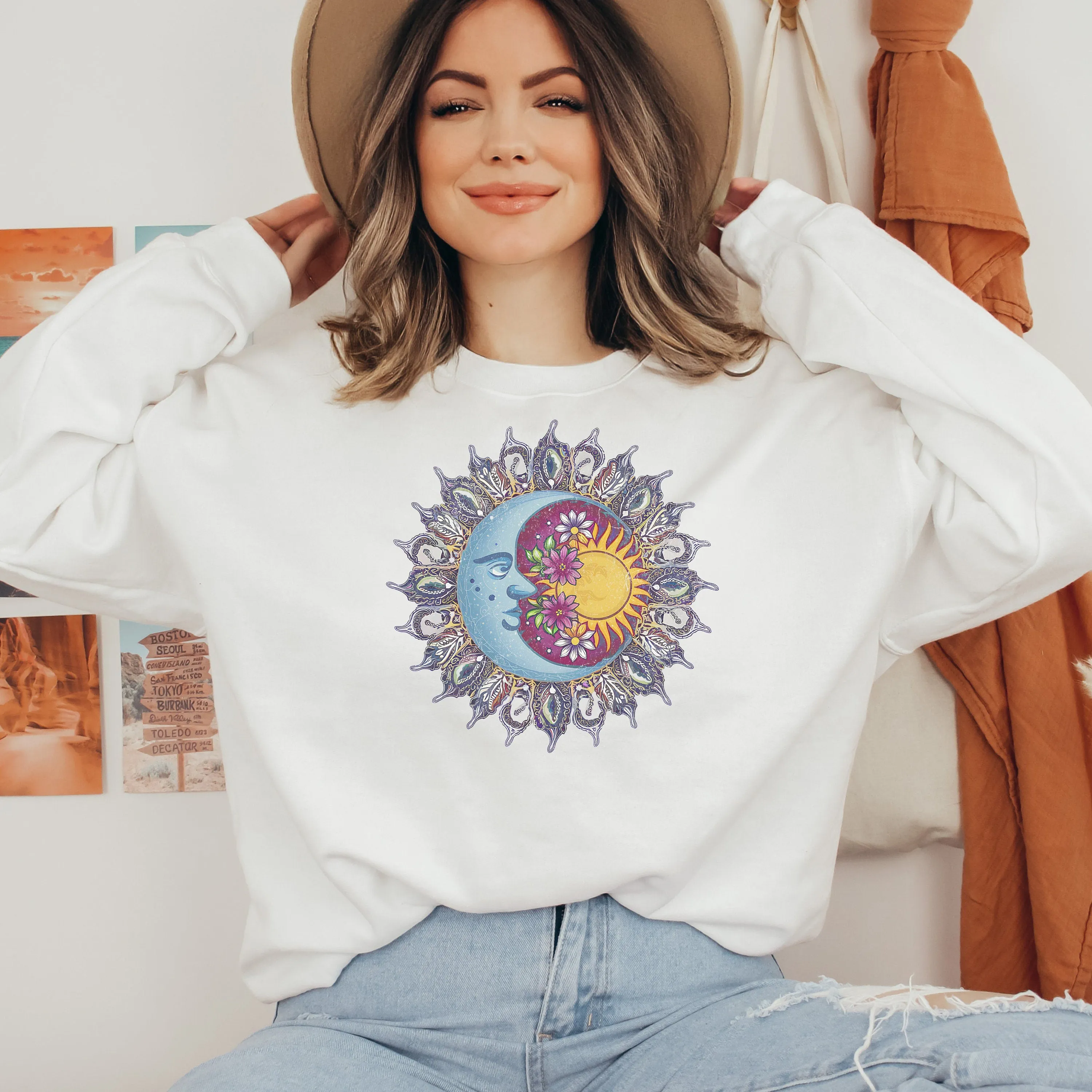 Boho Sun and Moon T-Shirt, Celestial Bodies with Flowers, Unisex Graphic Tee, Artsy Nature Inspired Shirt, Spiritual Sweatshirt