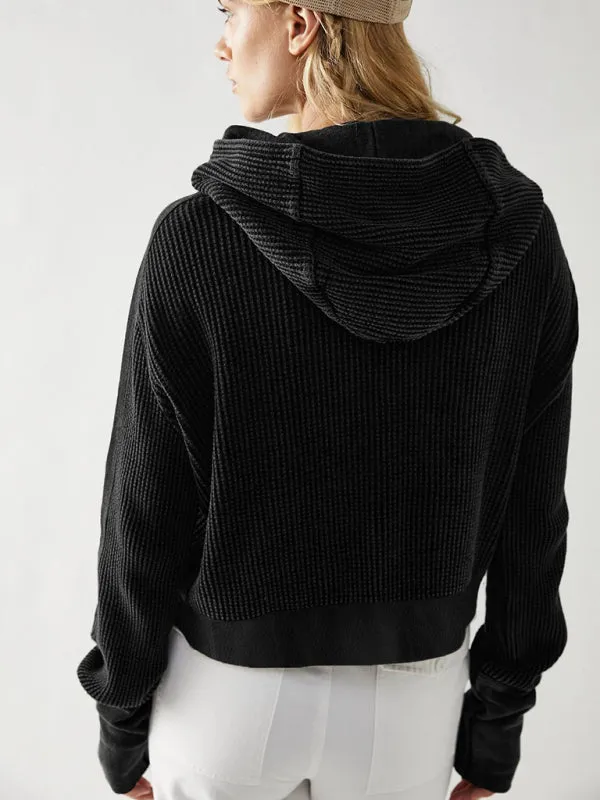 Boho Waffle Knit Long Sleeve Casual Zipper Front Pullover Hoodie