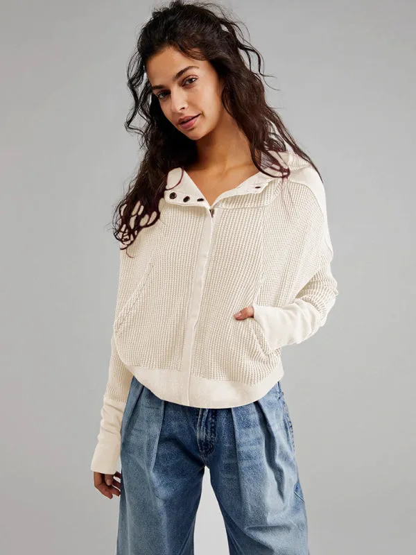 Boho Waffle Knit Long Sleeve Casual Zipper Front Pullover Hoodie