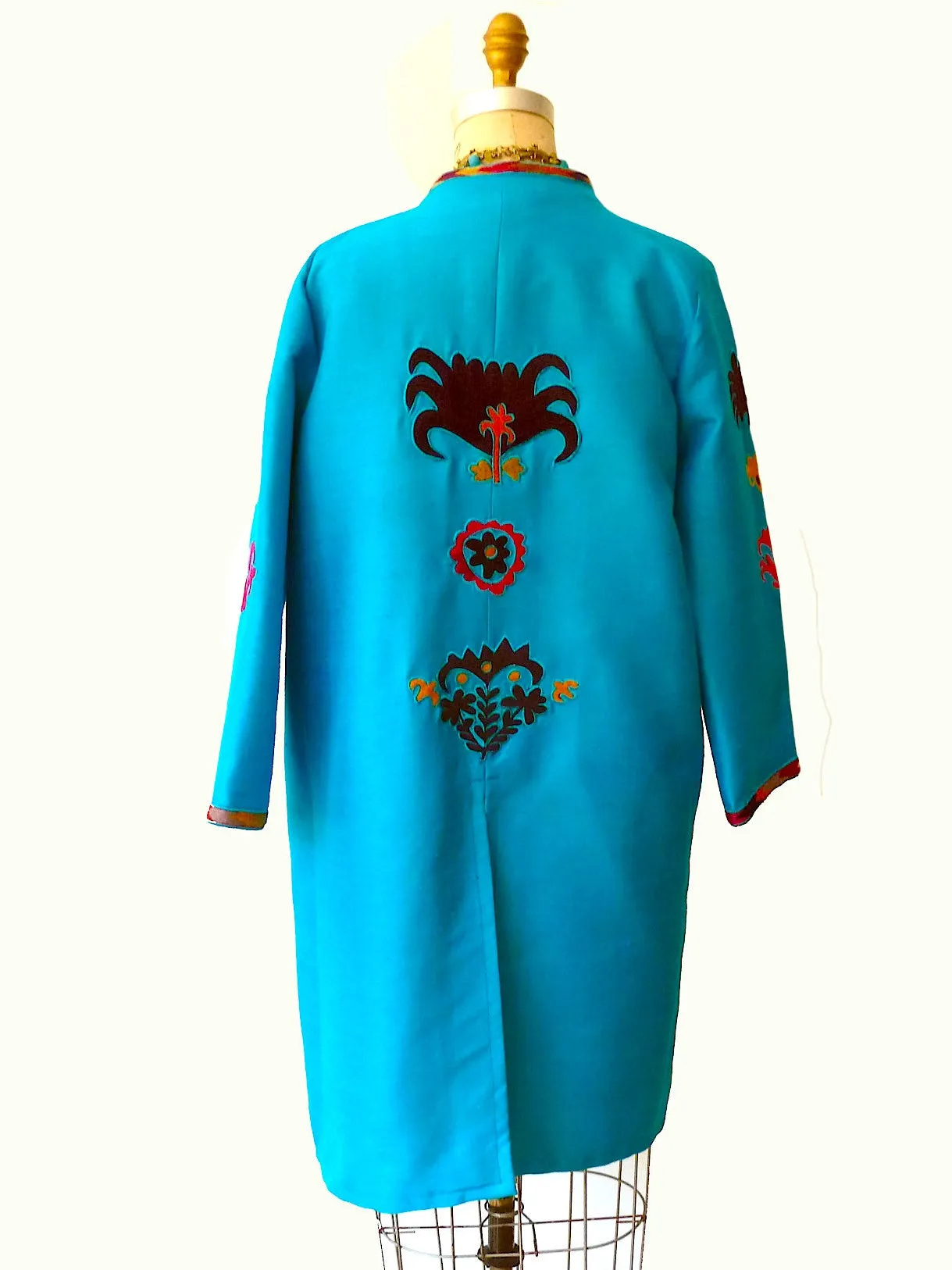 Box Jacket Vintage Suzani Embroidery Turquoise Yellow