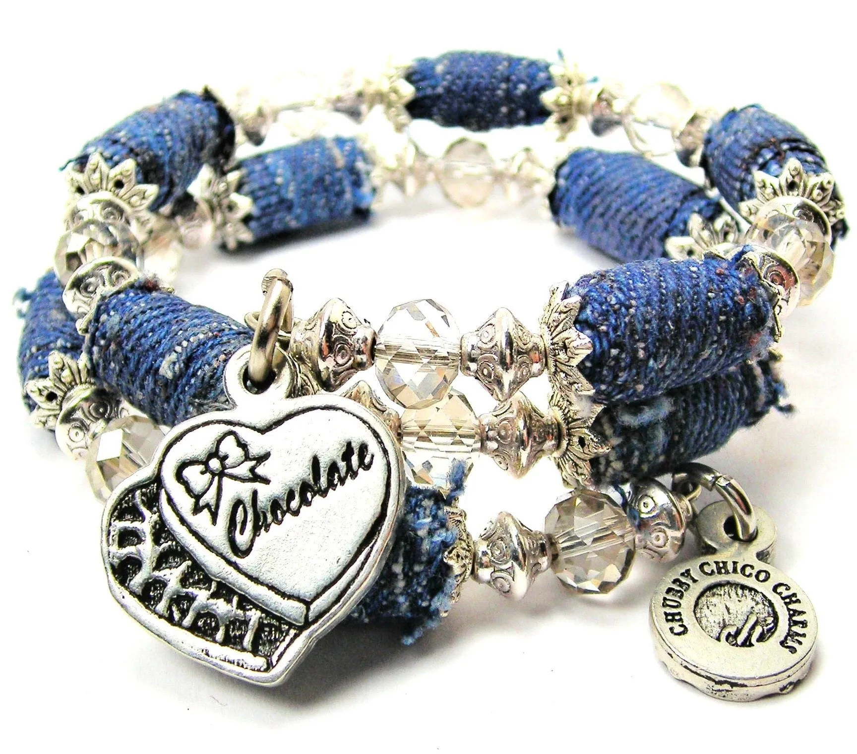 Box Of Chocolates With Bow Blue Jean Beaded Wrap Bracelet