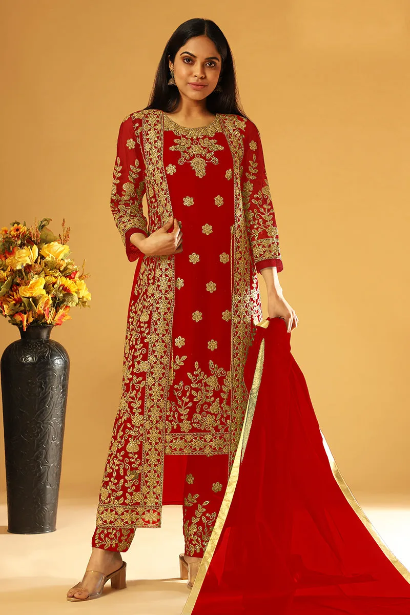 Bright Red Festive Wear Straight Cut Pant Style Suit