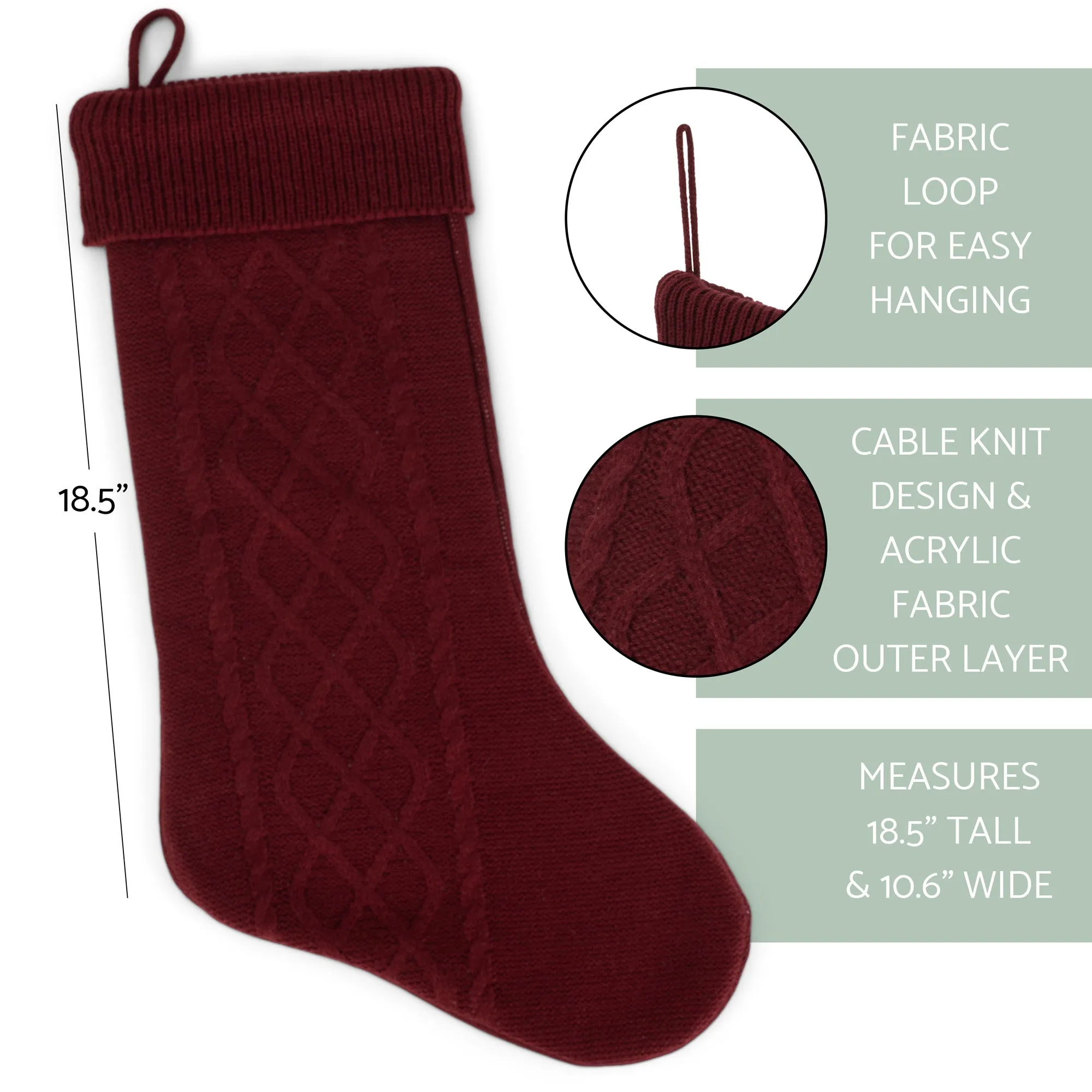 Cable Knit Sweater with Ribbed Cuff Christmas Stocking Decoration 18.5 inches long - Pack of 4 - Burgundy