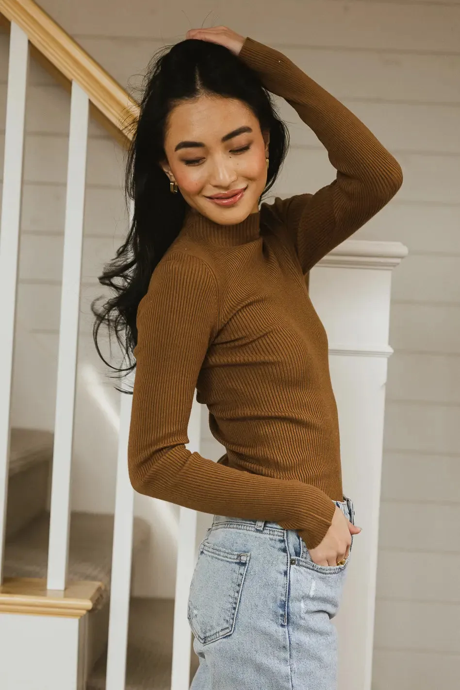 Caroline Mock Neck Sweater in Brown - FINAL SALE