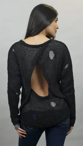 Chaser Distressed Tear Drop Back Pullover Sweater Black