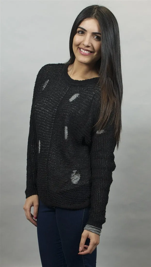 Chaser Distressed Tear Drop Back Pullover Sweater Black