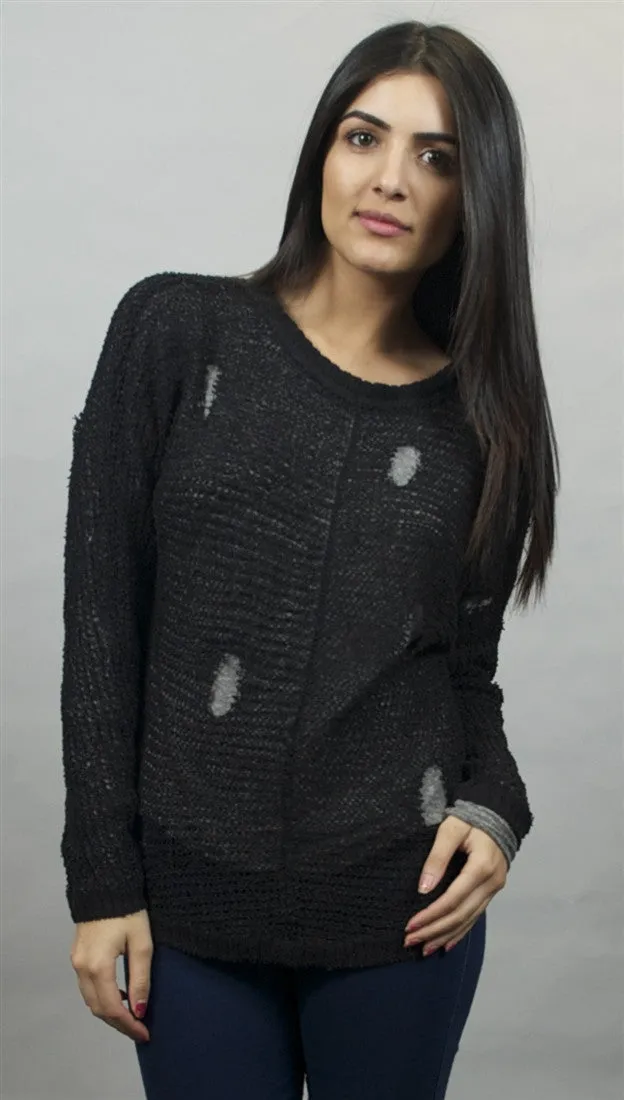 Chaser Distressed Tear Drop Back Pullover Sweater Black