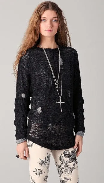 Chaser Distressed Tear Drop Back Pullover Sweater Black