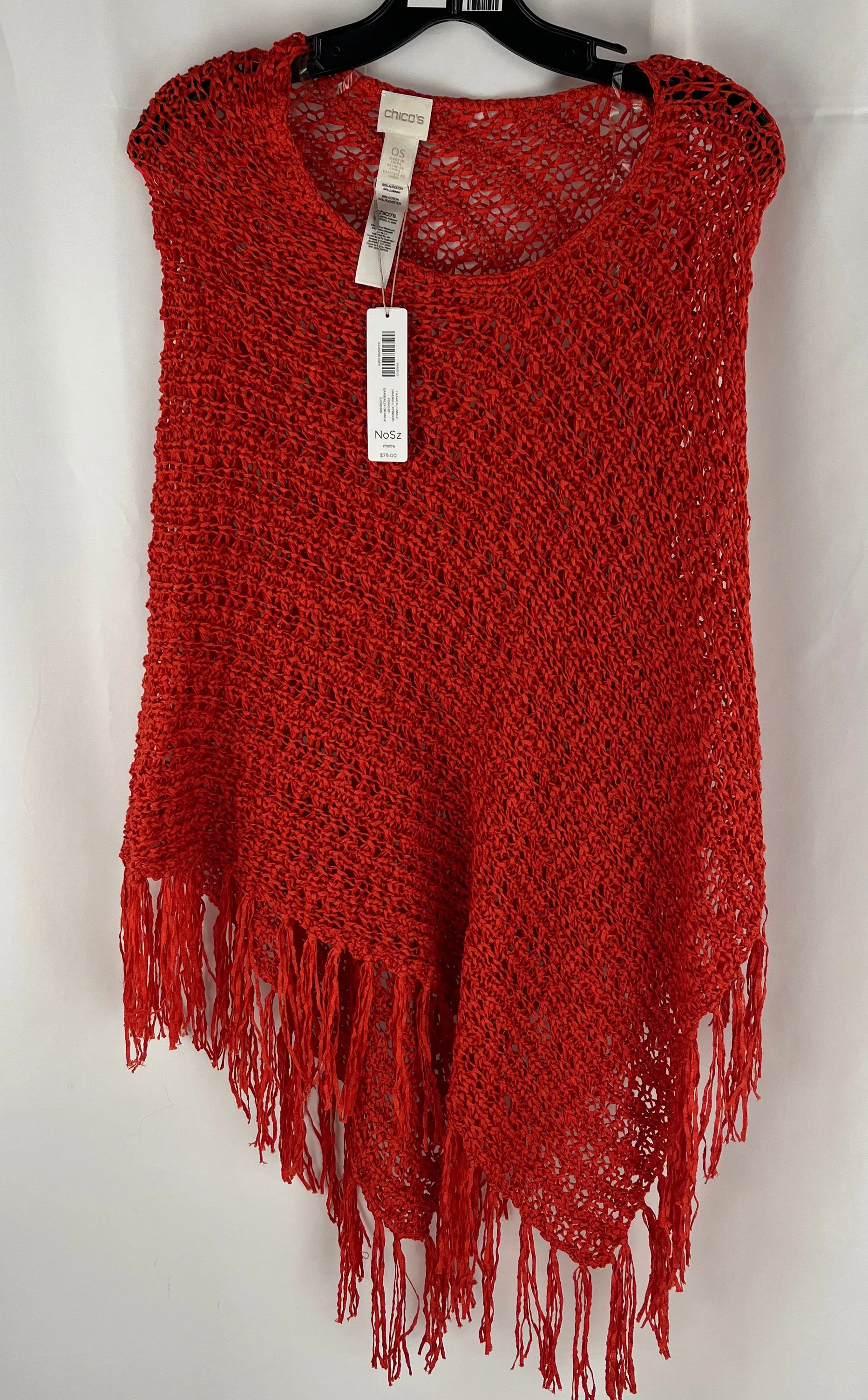 CHICOS Francis Fringe Garibaldi Orange Ribbon Sweater Poncho $79 NWT One Size