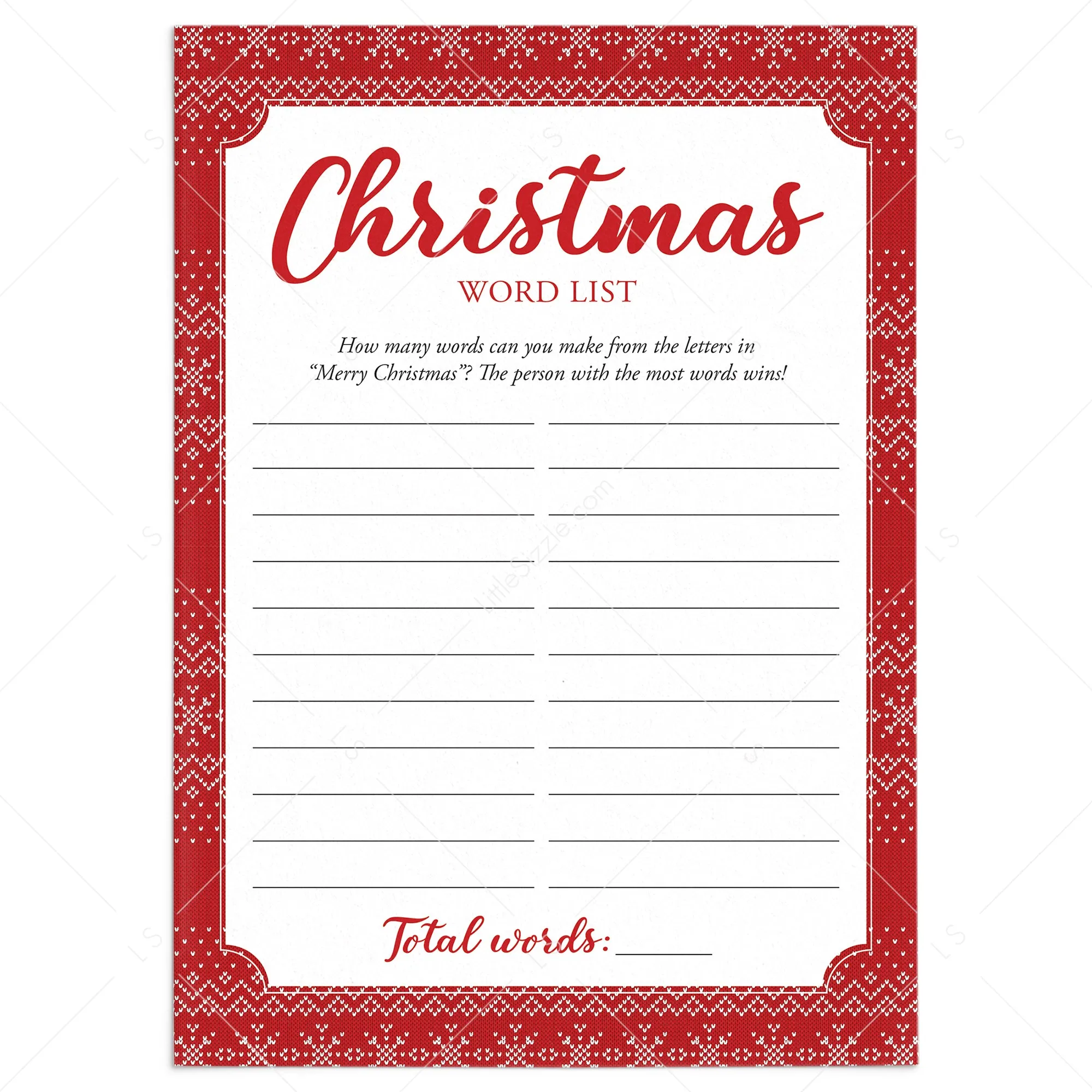 Christmas Word List Holiday Game for Families Printable