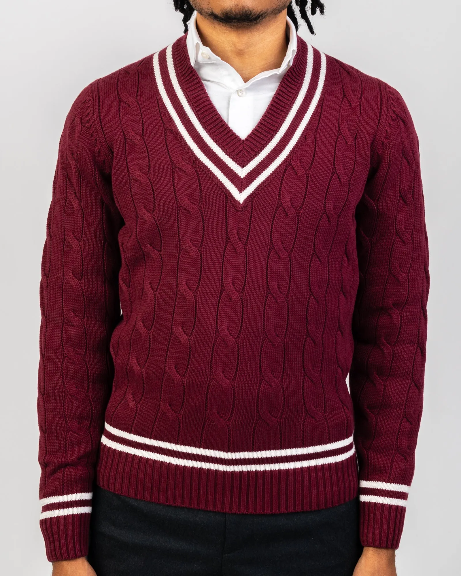 Claret/Ecru Cotton Ivy Cricket Cable Knit Sweater