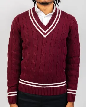 Claret/Ecru Cotton Ivy Cricket Cable Knit Sweater