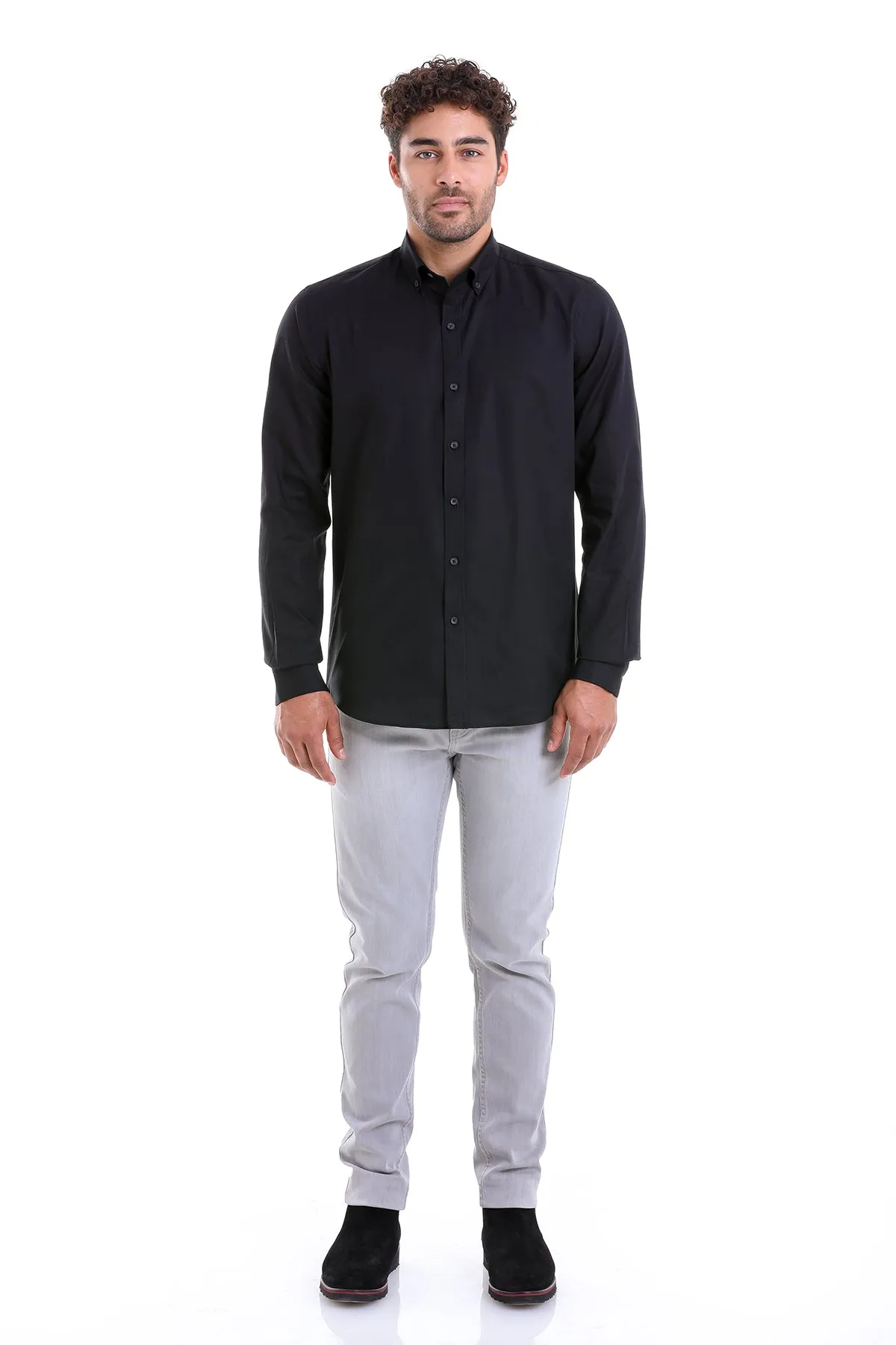 Comfort Fit Button-Down Collar Cotton Black Casual Shirt