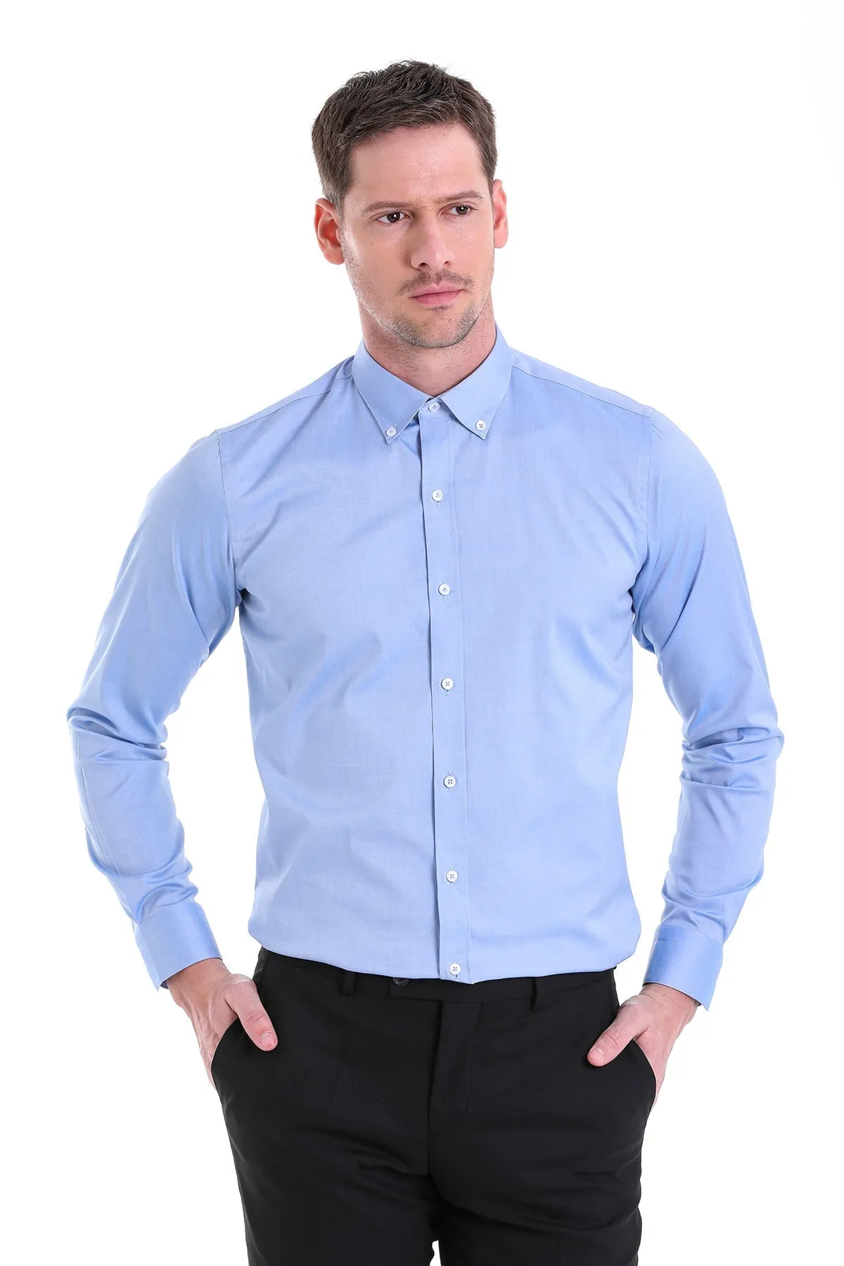 Comfort Fit Button-Down Collar Cotton Blue Casual Shirt