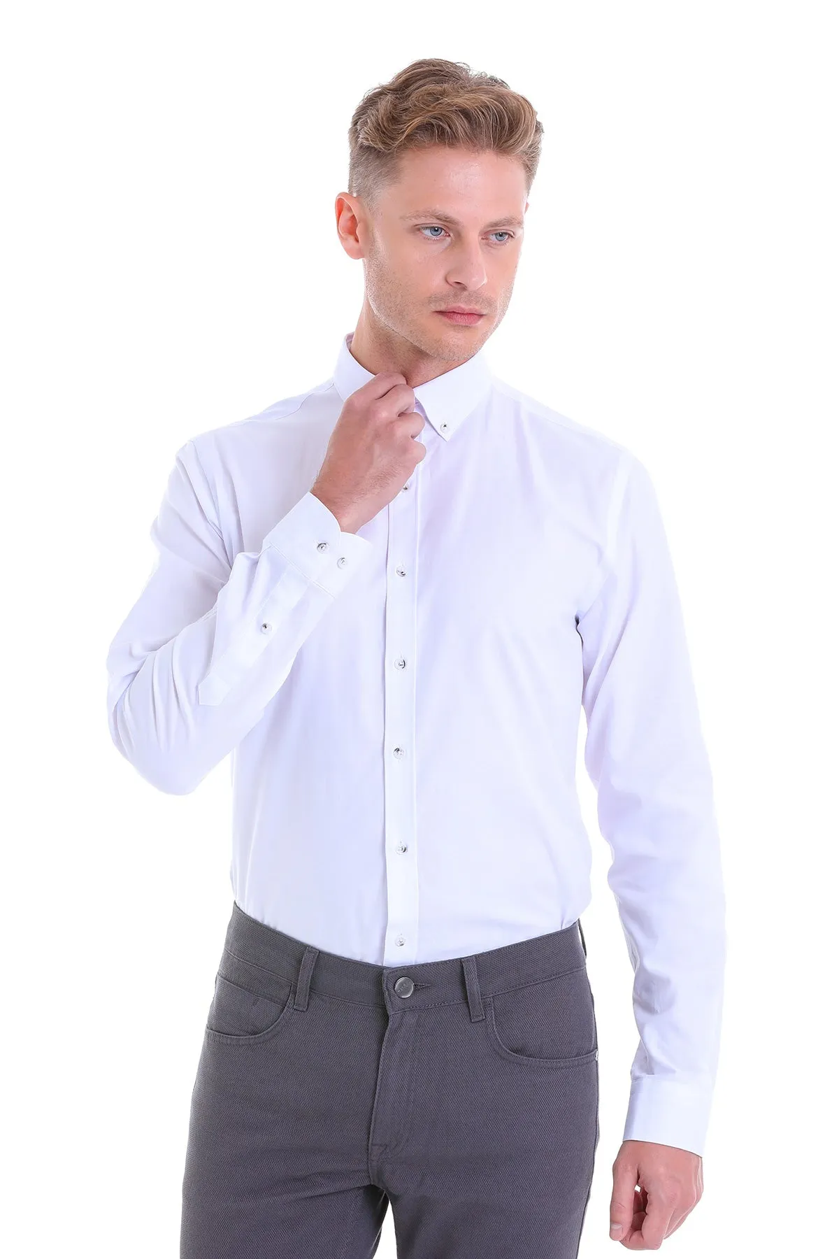 Comfort Fit Button-Down Collar Cotton White Casual Shirt