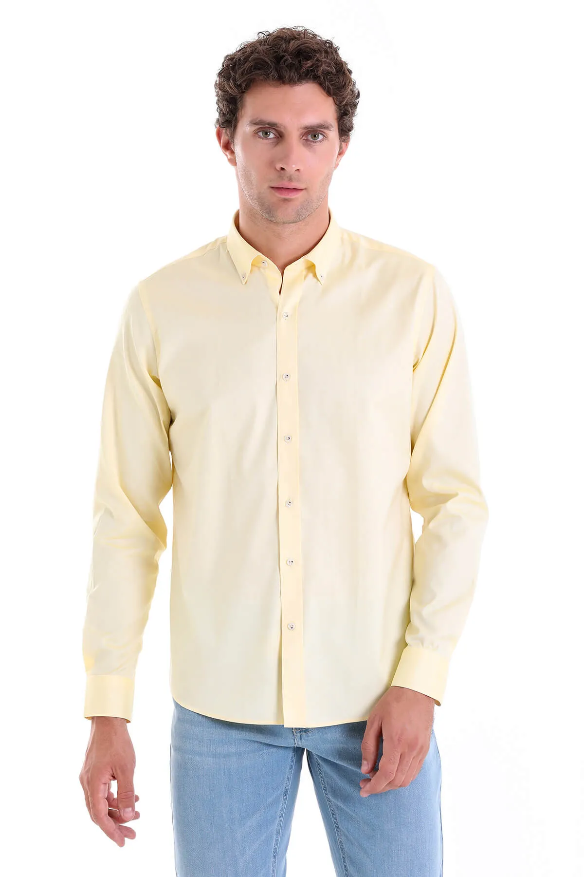 Comfort Fit Long Sleeve Cotton Yellow Casual Shirt