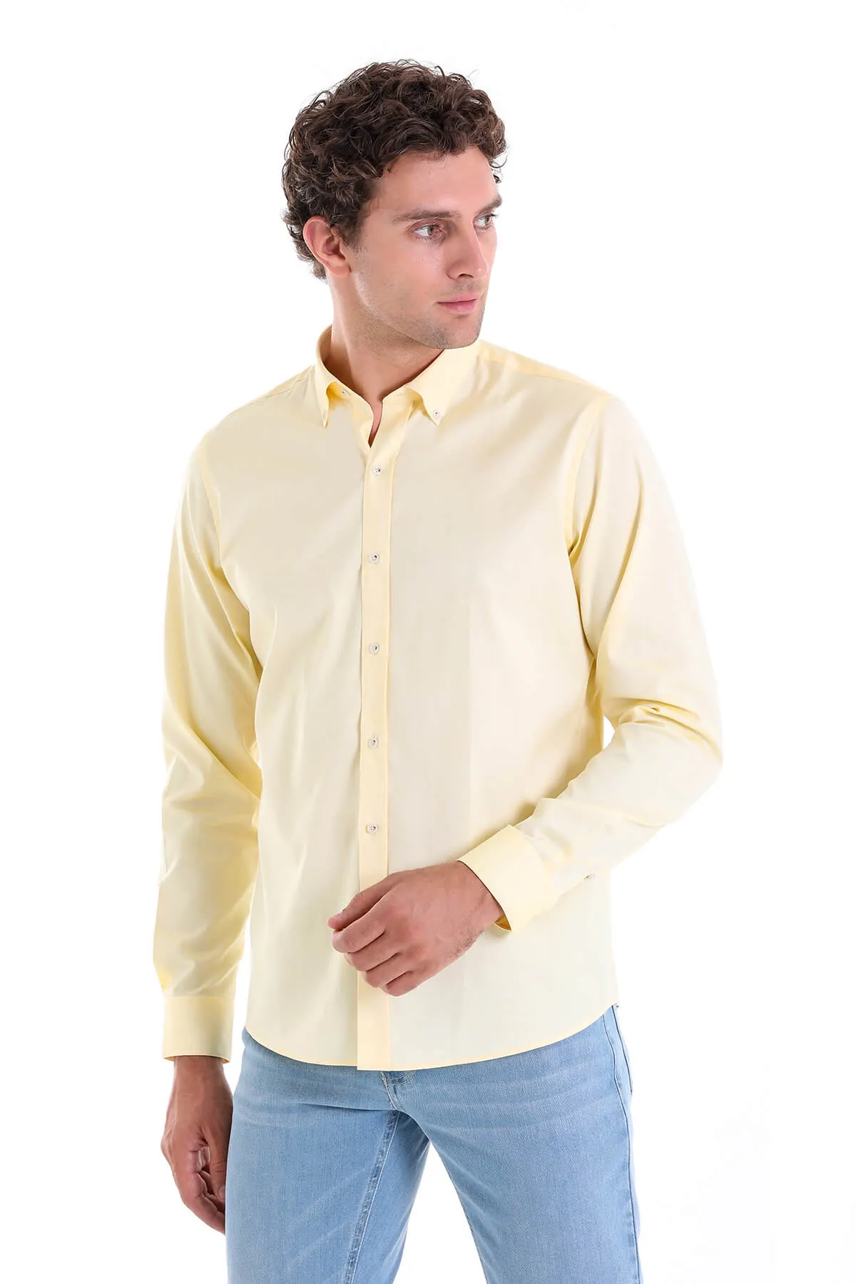 Comfort Fit Long Sleeve Cotton Yellow Casual Shirt