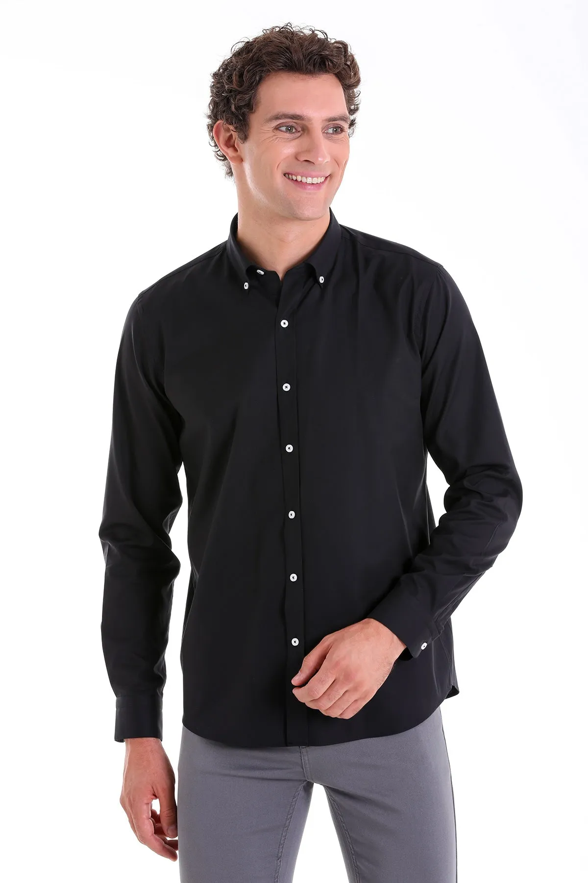 Comfort Fit Plain Button-Down Cotton Black Casual Shirt