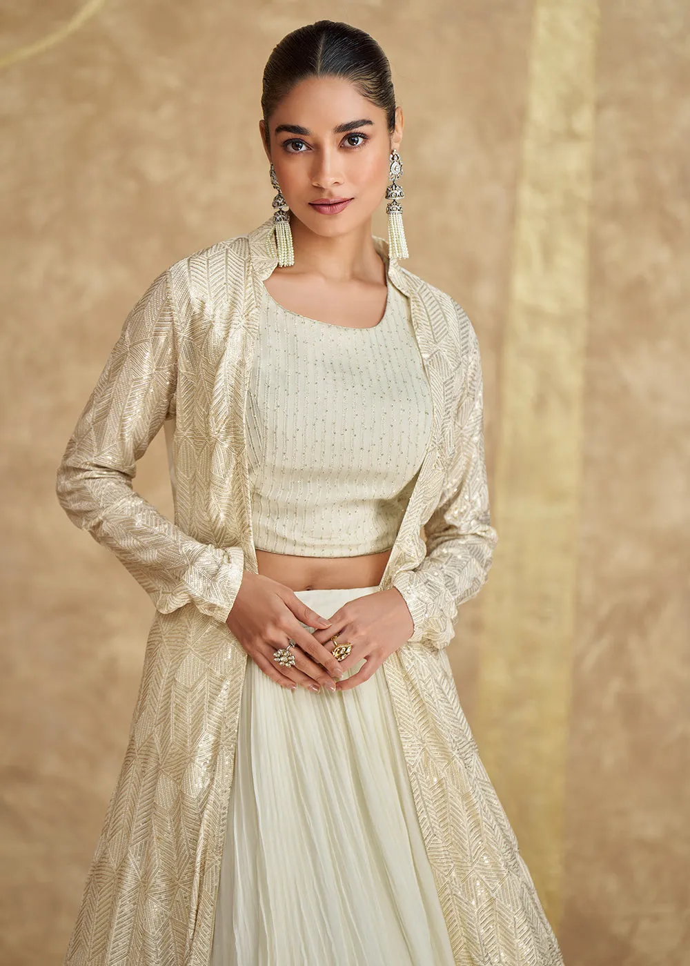 Cream Georgette Embroidered Jacket Style Lehenga Choli