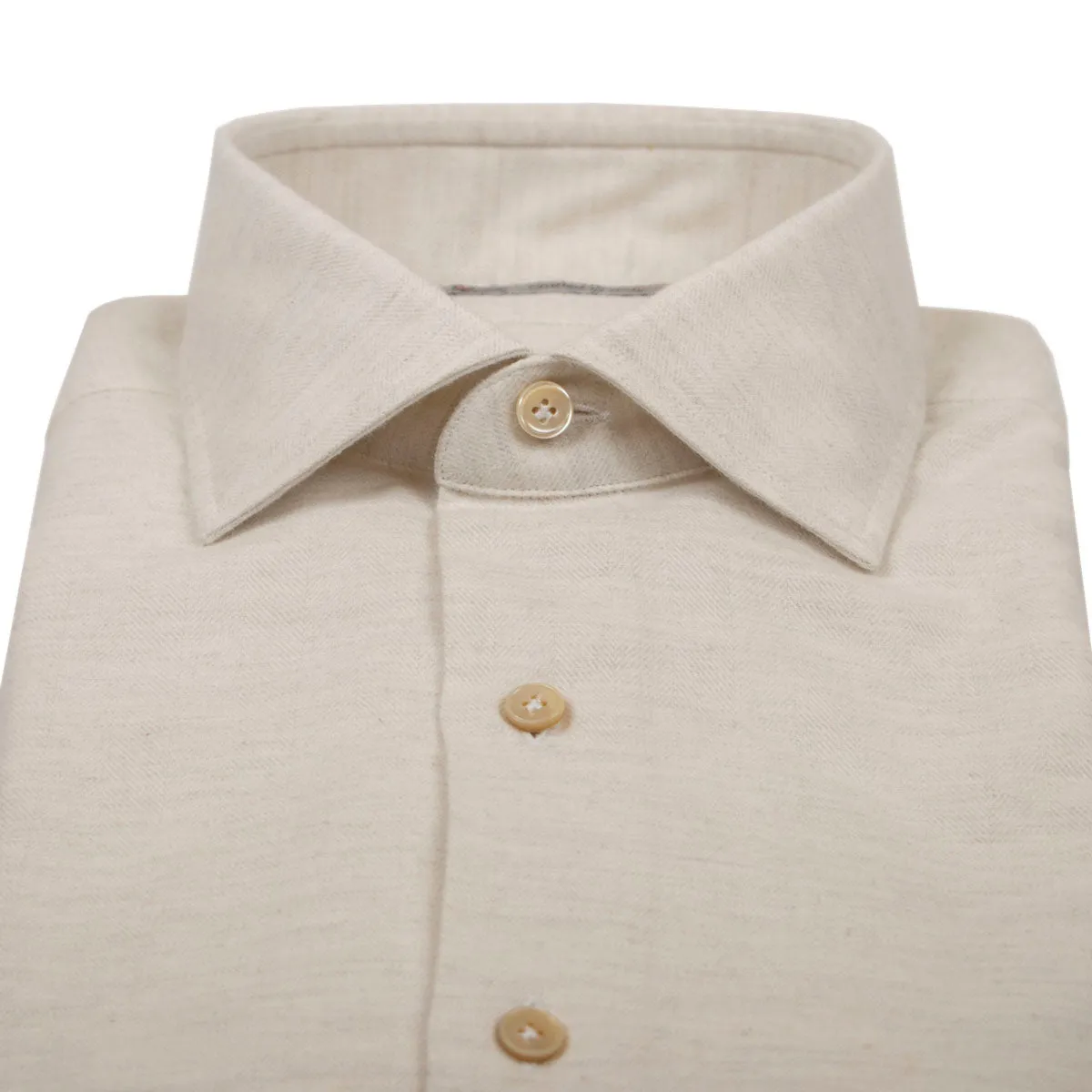 Cream Herringbone Pure Cotton Italian Long Sleeve Shirt