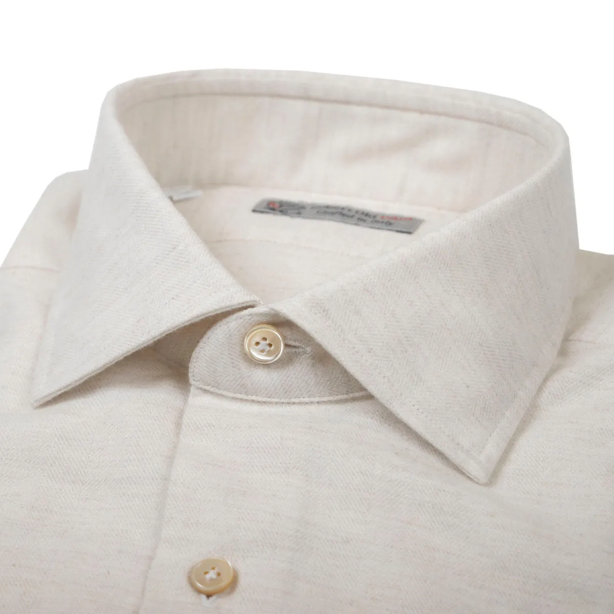 Cream Herringbone Pure Cotton Italian Long Sleeve Shirt