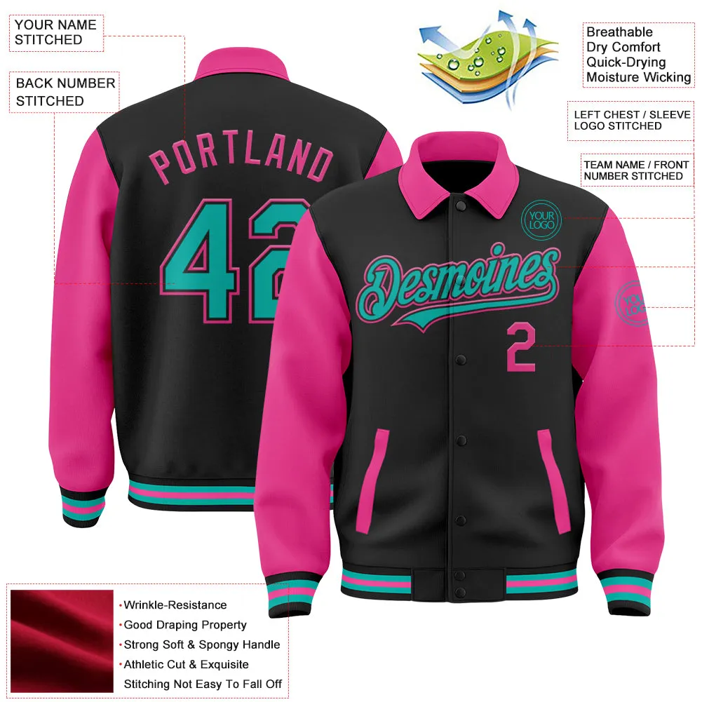 Custom Black Aqua-Pink Bomber Full-Snap Varsity Letterman Two Tone Lapel Collar Byron Jacket