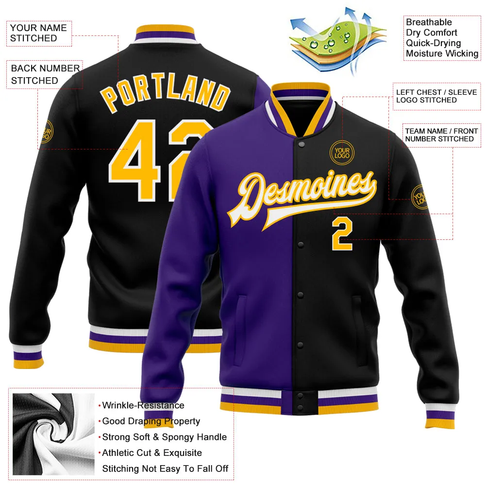 Custom Black Gold-Purple Bomber Full-Snap Varsity Letterman Split Fashion Jacket