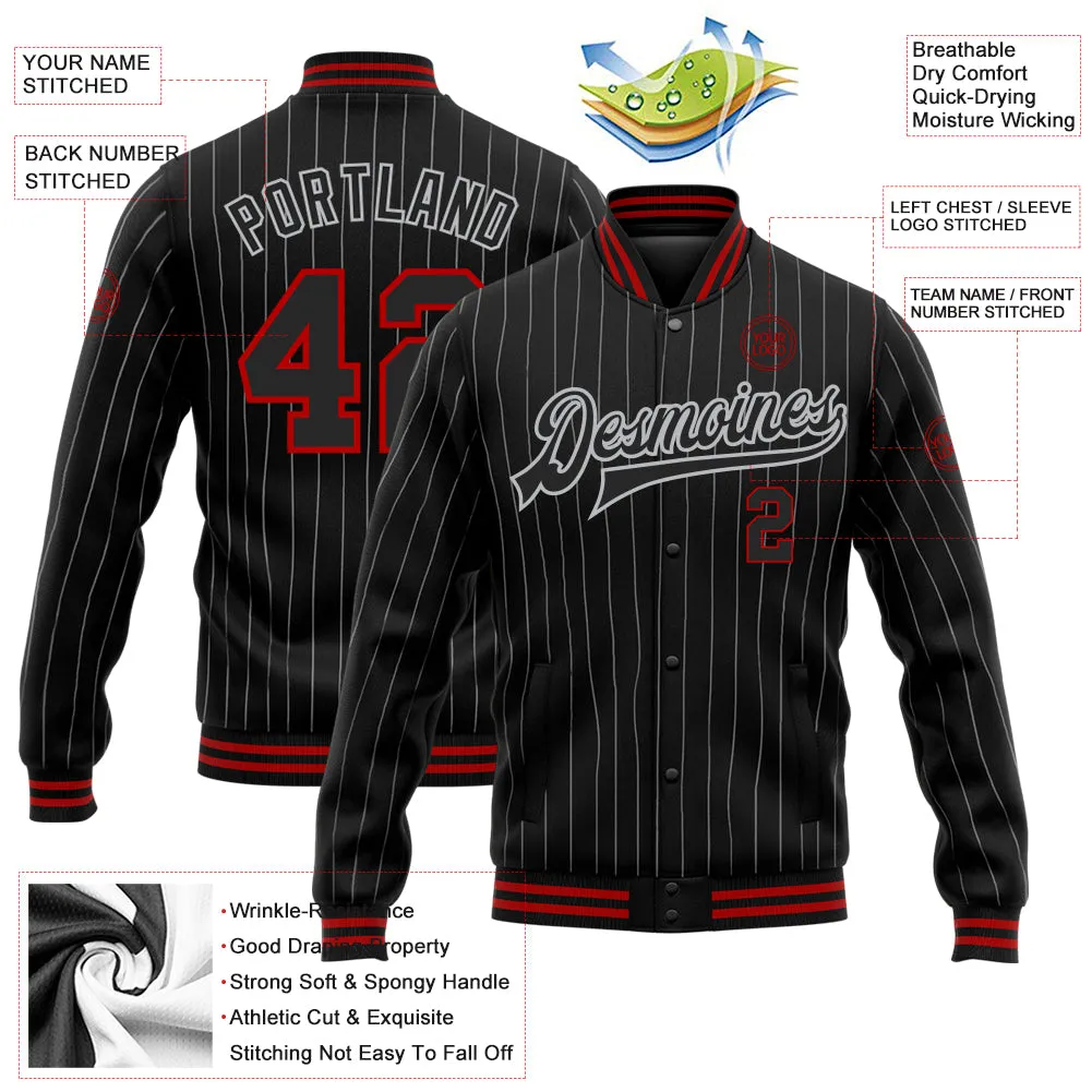 Custom Black Gray Pinstripe Red Bomber Full-Snap Varsity Letterman Jacket