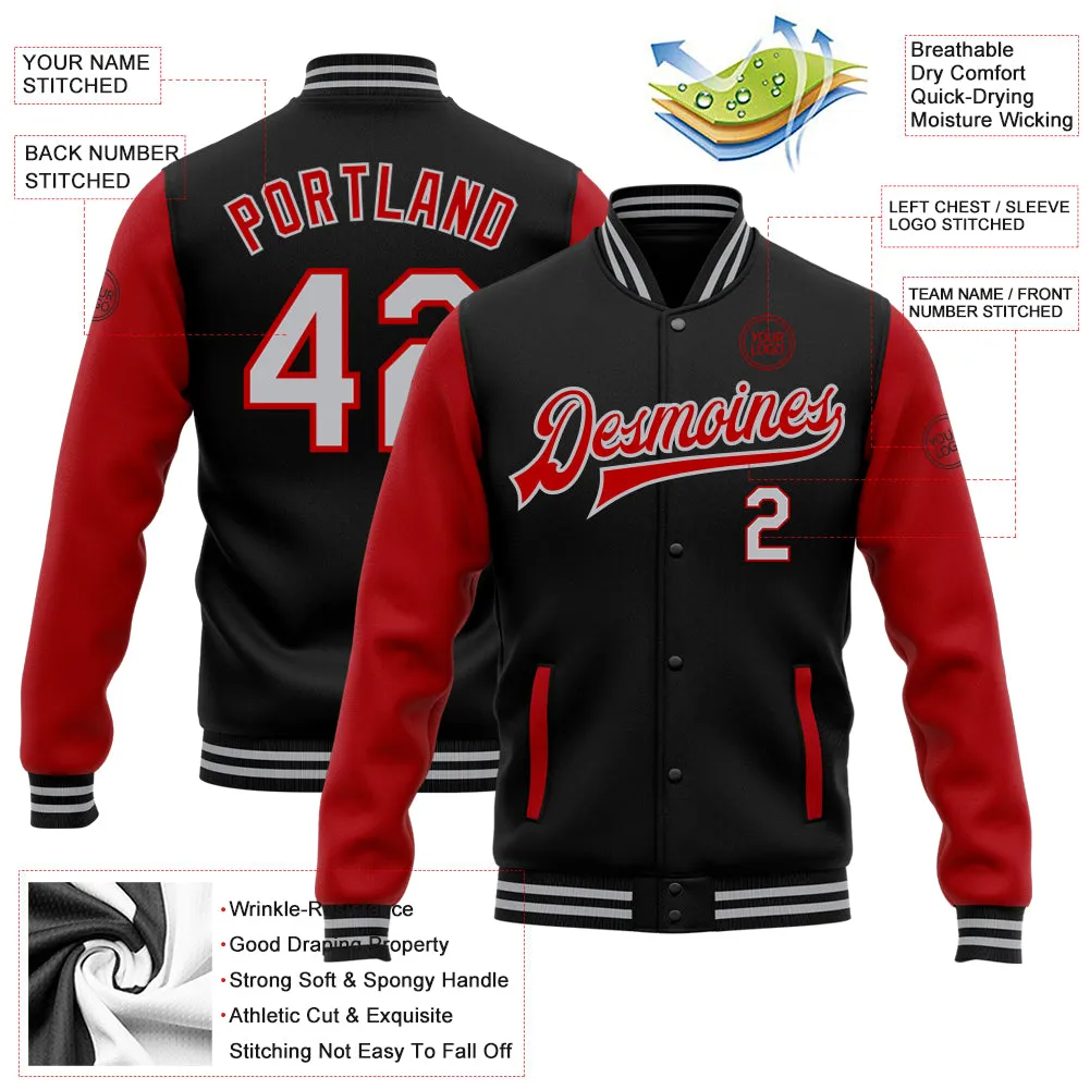 Custom Black Gray-Red Bomber Full-Snap Varsity Letterman Two Tone Jacket