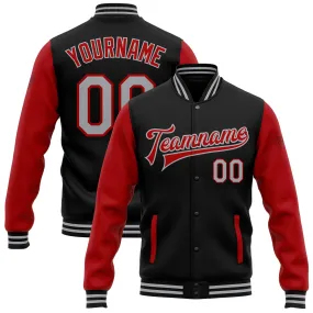 Custom Black Gray-Red Bomber Full-Snap Varsity Letterman Two Tone Jacket