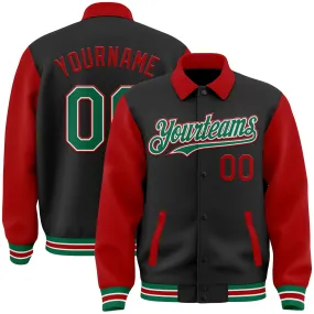 Custom Black Kelly Green-Red Bomber Full-Snap Varsity Letterman Two Tone Lapel Collar Byron Jacket