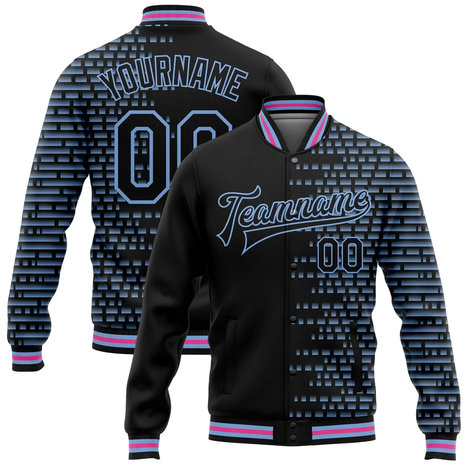 Custom Black Light Blue-Pink Halftone 3D Pattern Design Bomber Full-Snap Varsity Letterman Jacket