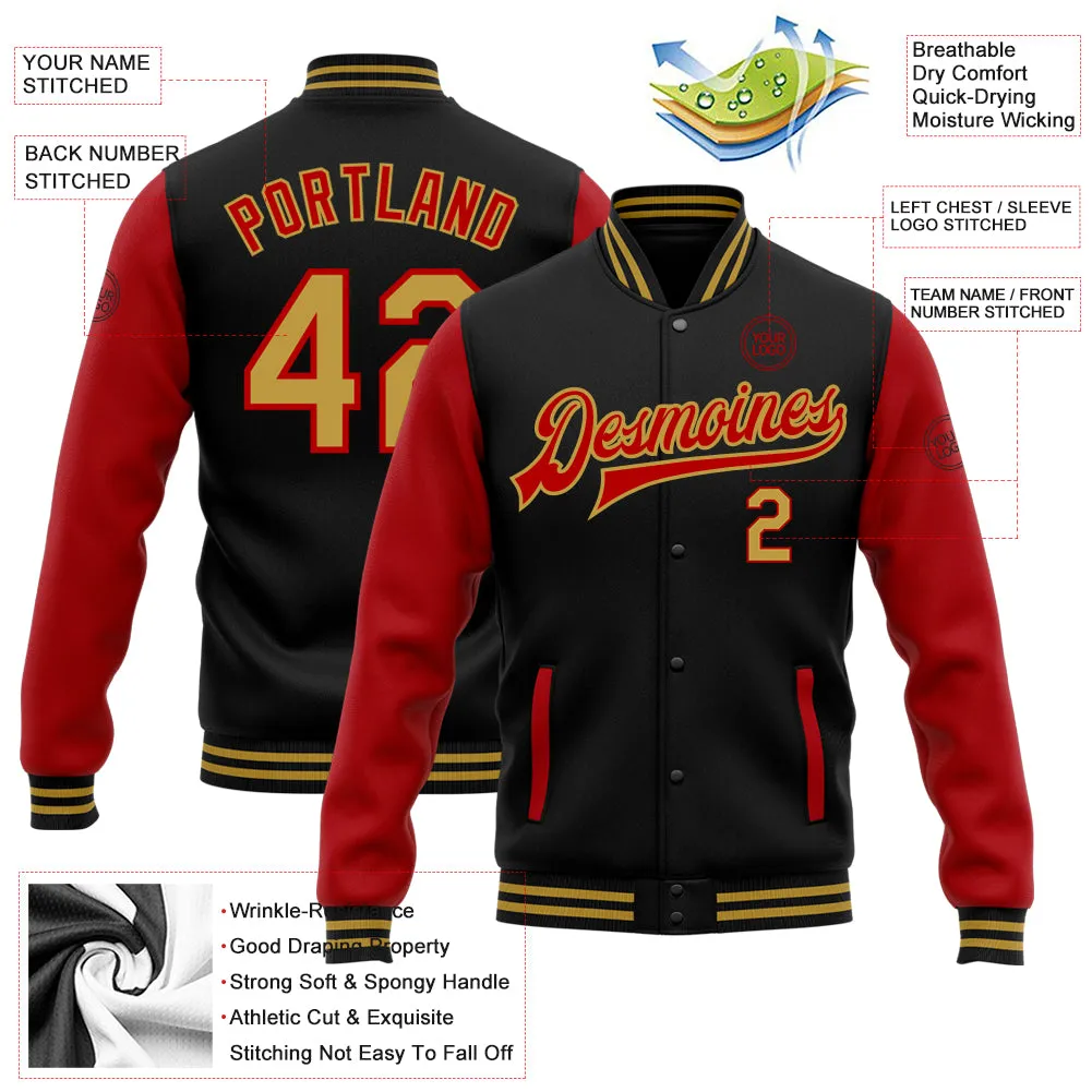 Custom Black Old Gold-Red Bomber Full-Snap Varsity Letterman Two Tone Jacket