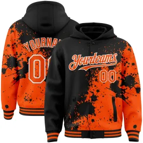 Custom Black Orange-White Abstract Splash Grunge Art 3D Pattern Design Bomber Full-Snap Varsity Letterman Hoodie Jacket