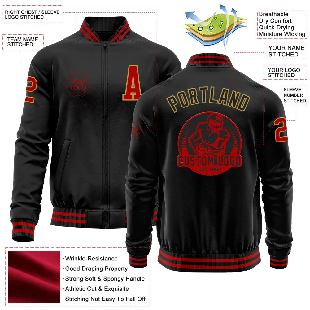 Custom Black Red-Old Gold Bomber Varsity Letterman Zipper Jacket