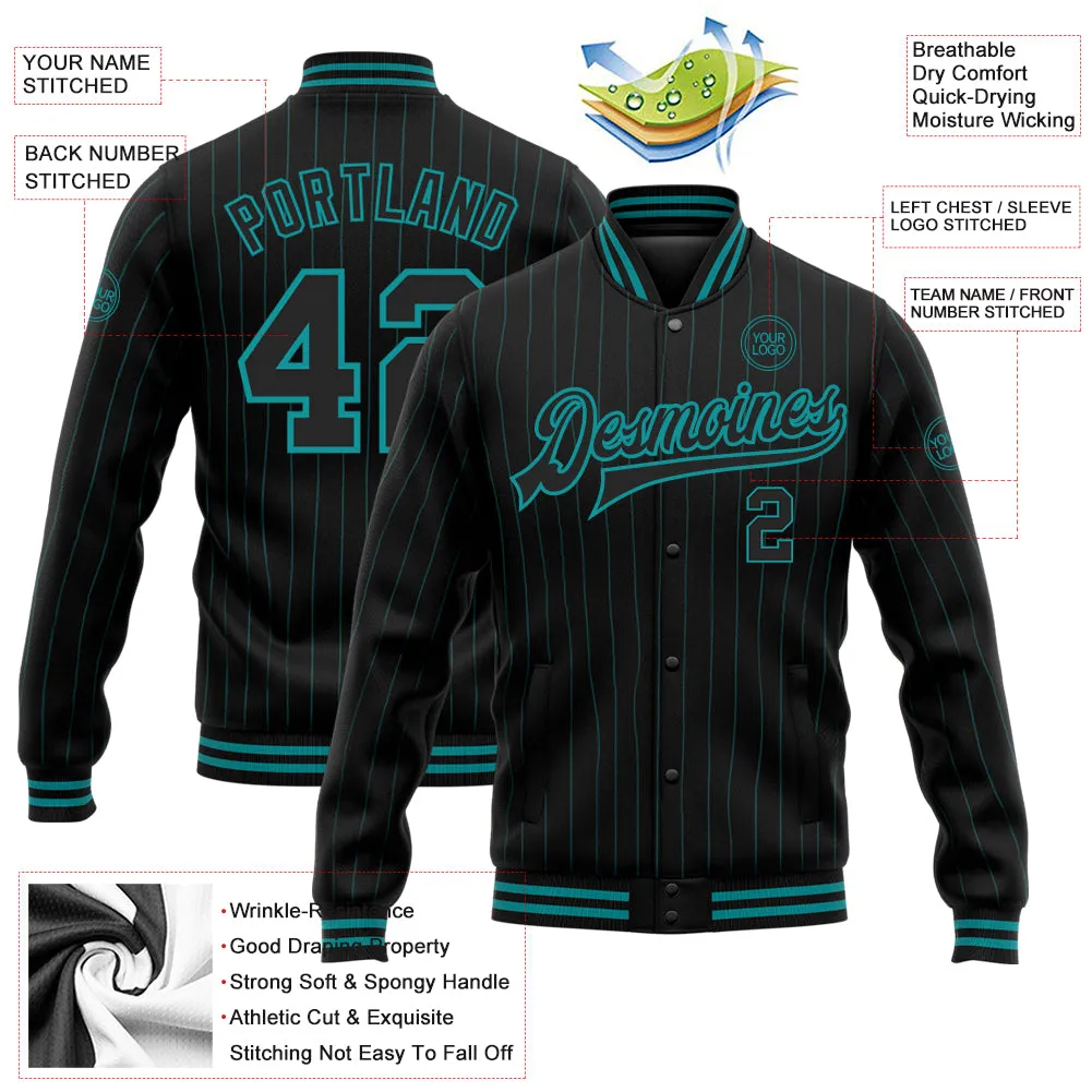 Custom Black Teal Pinstripe Teal Bomber Full-Snap Varsity Letterman Jacket