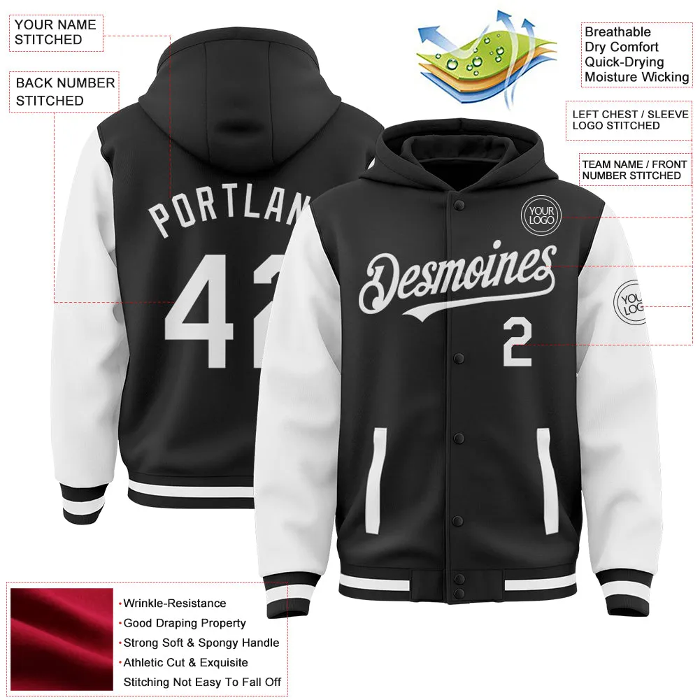 Custom Black White Bomber Full-Snap Varsity Letterman Two Tone Hoodie Jacket