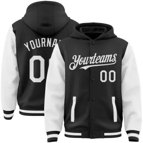 Custom Black White Bomber Full-Snap Varsity Letterman Two Tone Hoodie Jacket