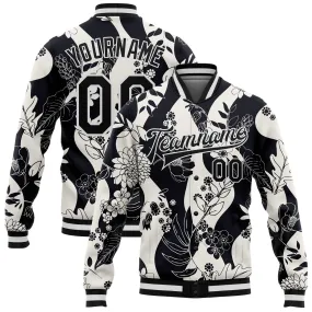 Custom Black White Floral Wave 3D Pattern Design Bomber Full-Snap Varsity Letterman Jacket