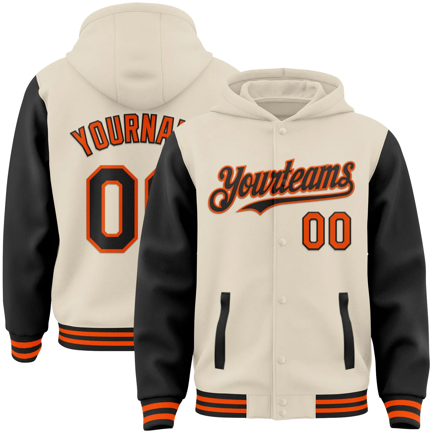 Custom Cream Black-Orange Bomber Full-Snap Varsity Letterman Two Tone Hoodie Jacket