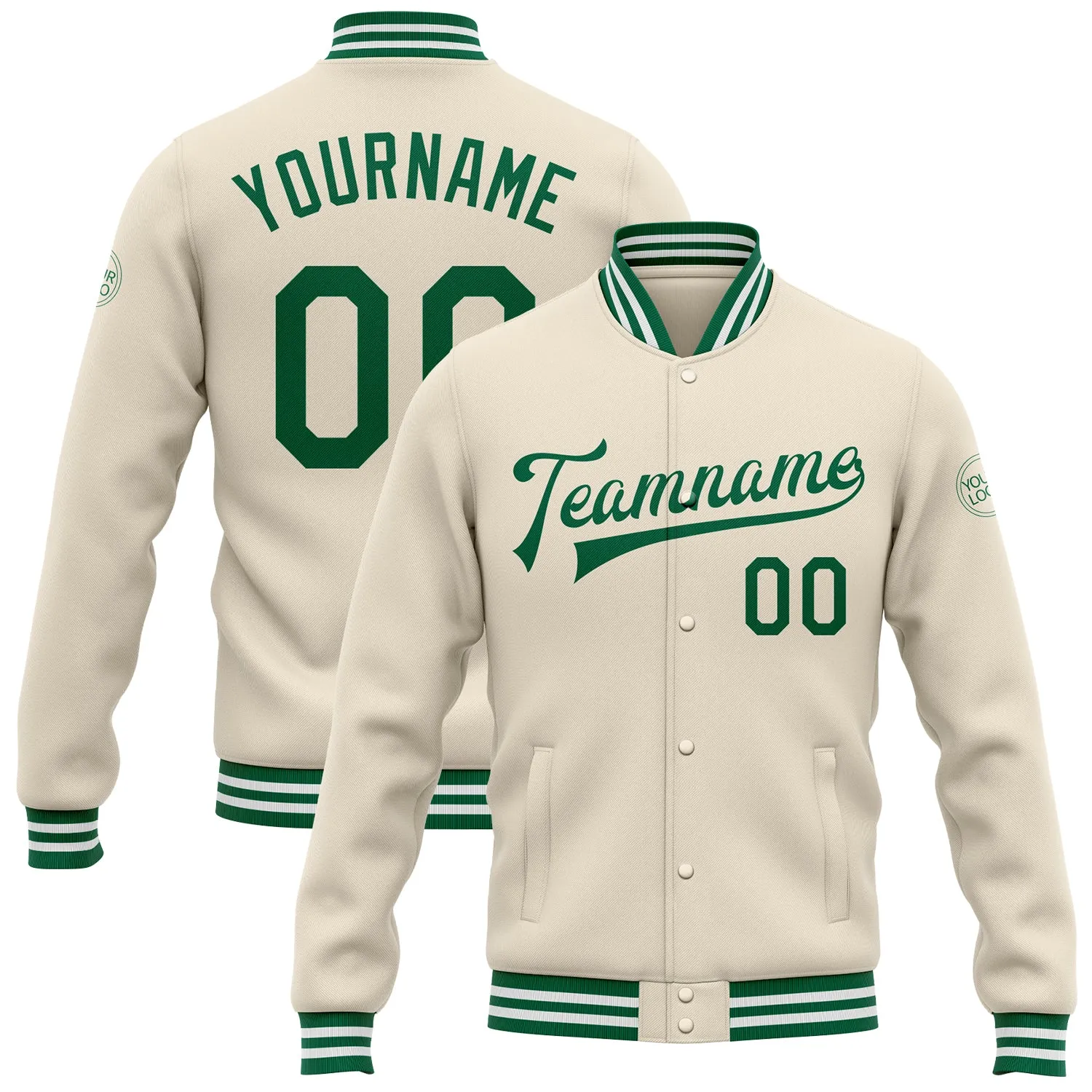 Custom Cream Kelly Green-White Bomber Full-Snap Varsity Letterman Jacket