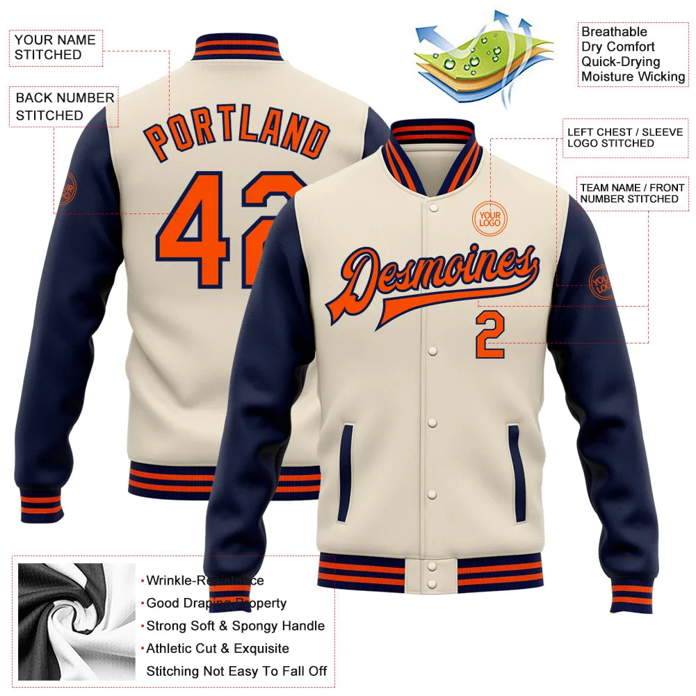 Custom Cream Orange-Navy Bomber Full-Snap Varsity Letterman Two Tone Jacket