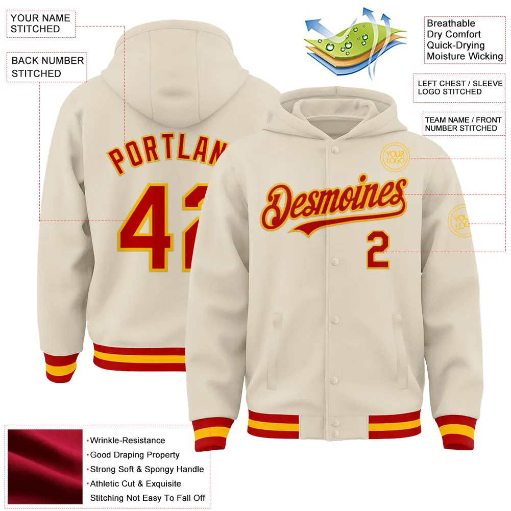 Custom Cream Red-Gold Bomber Full-Snap Varsity Letterman Hoodie Jacket