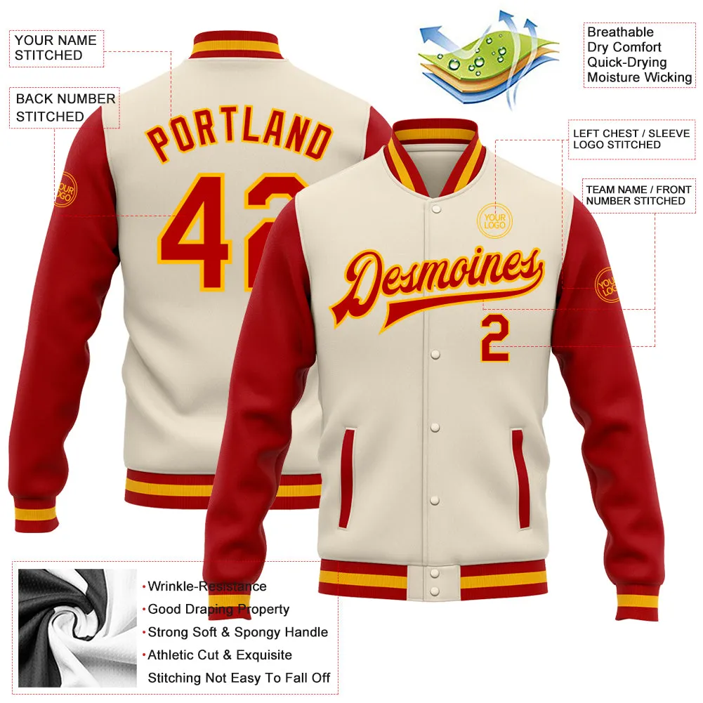 Custom Cream Red-Gold Bomber Full-Snap Varsity Letterman Two Tone Jacket